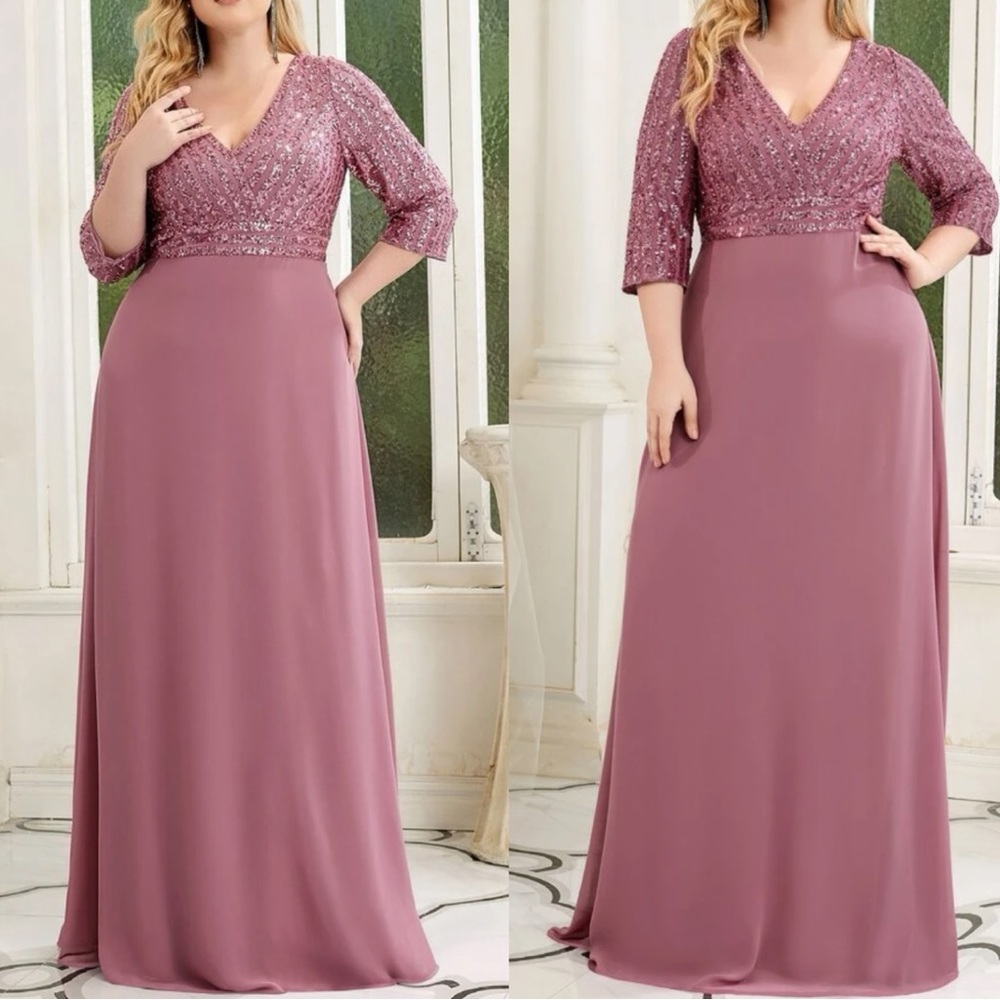 Plus size luxe V neck sequins party formal gown dress